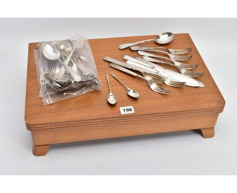 A COMPLETE CANTEEN OF CUTLERY, wooden canteen raised slightly on four wooden feet, complete with cutlery, knives fitted with 