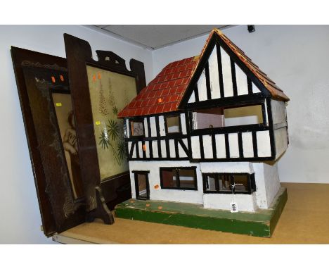 A SCRATCH BUILT DOLLS HOUSE, TWO PRINTS AND A FIRE SCREEN, the dolls house in need of renovation, width 60cm x depth 42cm x h