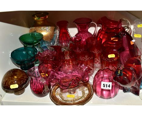 A COLLECTION OF COLOURED GLASSWARE, including a Wedgwood mushroom, a green and clear bowl on a scrolled base and circular foo