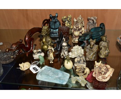 A GROUP OF EASTERN AND ORIENTAL BRONZE, RESIN AND HARDSTONE FIGURES, NETSUKE, ETC, including dragons, two hollow cast beast h