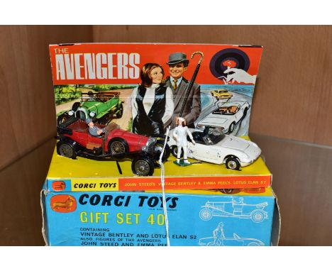 A BOXED CORGI TOYS THE AVENGERS GIFT SET, No 40, red and black Bentley with wire wheels, damage to windscreen and is missing 