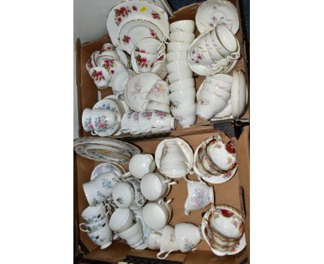 TWO BOXES OF ASSORTED PART TEA SETS, including a set of six Royal Albert Empress Series 'Catherine' tea cups and six Royal Al