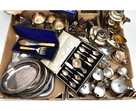 TWO BOXES OF MAINLY SILVER PLATED WARE, to include an EPNS four piece tea service, two Elkington &amp; Co. silver plate pint 