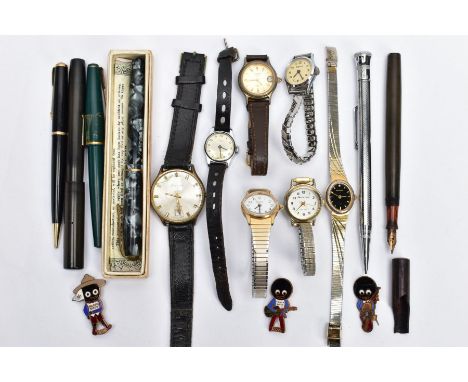 A BOX OF WRISTWATCHES, PENS AND PIN BADGES, to include a boxed 'Conway Stewart' fountain pen (damaged nib), a black and gold 