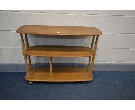 AN ERCOL ELM AND BEECH MODEL 361 WINDSOR THREE TIER TROLLEY BOOKCASE, on casters, width 92cm x depth 31cm x height 71cm (flui