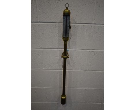 A BRASS MARINE STICK TYPE BAROMETER, unsigned, with a mounted thermometer, hanging loop and wall handing bracket, height 98cm