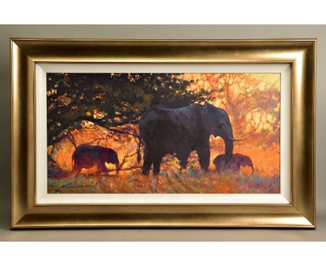 ROLF HARRIS (AUSTRALIAN 1930) 'BACKLIT GOLD' a limited edition print of Indian Elephants 100/195, signed bottom left with cer