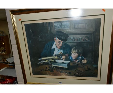 DAVID SHEPHERD (BRITISH 1931-2017) 'GRANDPA'S WORKSHOP' a limited edition print of a small boy helping his grandad to build a