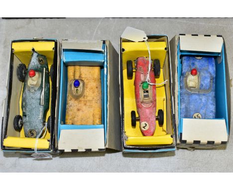 FOUR BOXED SCALEXTRIC CARS, Vanwall F1 car, No C55, British racing green RN5, Aston-Martin competition car, No C57, blue RN15