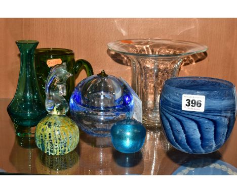 A SEVEN PIECES OF 20TH CENTURY AND ART GLASS, comprising a Hergiswill clear textured glass vase with wide flared rim, height 