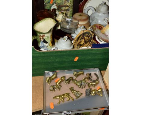 TWO BOXES OF CERAMICS AND THIRTEEN SMALL BRASS ANIMAL FIGURES, including a J &amp; G Meakin part tea service, Japanese part t