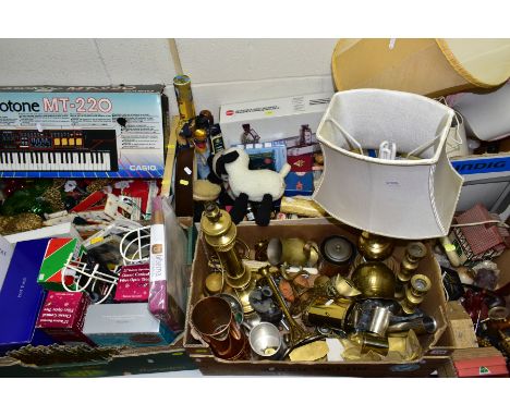 SIX BOXES OF SUNDRIES AND A BOXED CASIOTONE MT-220, not tested, the sundries to include Christmas decorations, modern metalwa