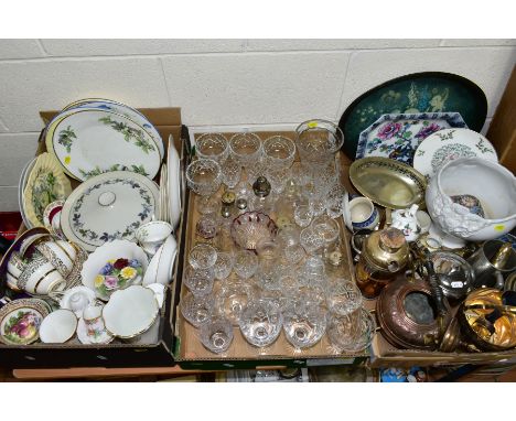 THREE BOXES AND LOOSE CERAMICS, GLASS, METALWARES, PROJECTOR SCREENS, etc, including an Aynsley Wild Tudor vase, two Royal Al