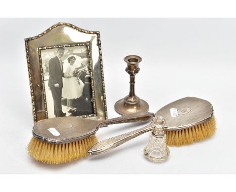 A SELECTION OF SILVER ITEMS, to include two silver engine turned pattern hairbrushes, each with an engraved monogram, hallmar