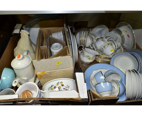 TWO BOXES OF TEA/DINNER WARES ETC, to include a Doulton twenty four piece dinner set, Duchess Greensleeves thirty three piece
