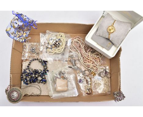 A SELECTION OF COSTUME JEWELLERY, to include four cultured pearl necklaces each fitted with a yellow metal clasp, a white met