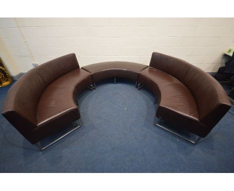 A KOINOR BROWN LEATHER THREE SECTION CURVED SOFA BENCH, comprising two benches with backs, one without