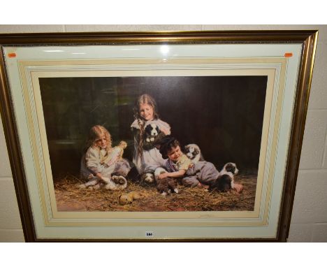 DAVID SHEPHERD (BRITISH 1931-2017) 'PLAYTIME',  limited edition print of children playing with puppies 301/850, signed to low