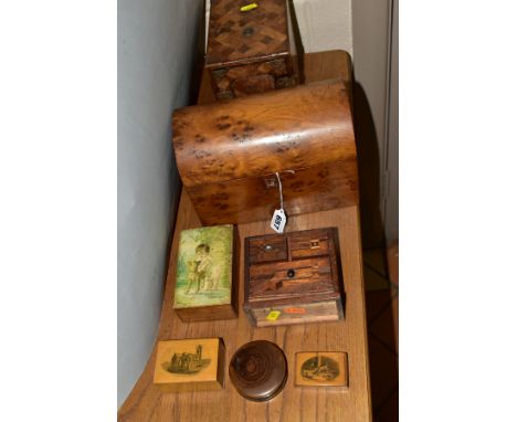 A COLLECTION OF SEVEN LATE 19TH/EARLY 20TH CENTURY ASSORTED TREEN BOXES, comprising a mauchline ware box and cover printed wi