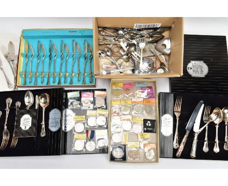 THREE CASED SETS OF CUTLERY, A BOX OF MISCELLANEOUS FLATWARE AND A TRAY OF COMMEMORATIVE COINS, to include two cased seven pi