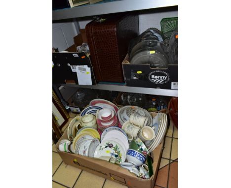 FOUR BOXES AND LOOSE GLASS AND CERAMICS ETC, to include Gladstone china and Grosvenor china coffee cups and saucers, Diamond 