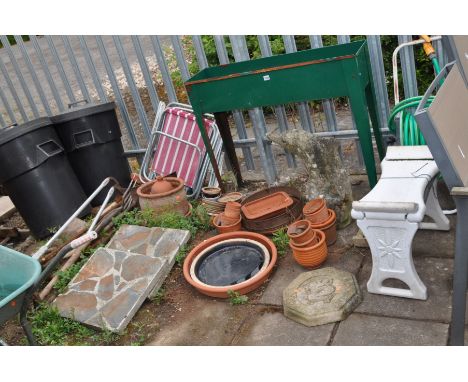 A QUANTITY OF GARDEN ITEMS including small terracotta pots, two dustbins, two metal folding chairs, garden tools, a set of al