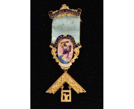 A CASED YELLOW METAL MASONIC MEDAL, blue and white enamel, with a hand painted miniature portrait of Orion to the centre, 'Vi