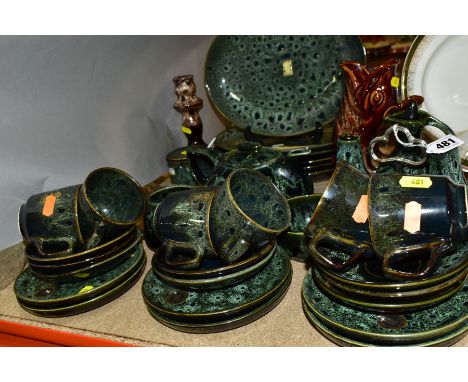 A FOSTERS POTTERY GREEN GLAZED BREAKFAST SET, ETC, comprising six oval plates, teapot, milk jug, sugar bowl, tea strainer on 