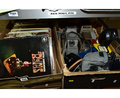 TWO BOXES OF CAMERAS, VIEWERS, PROJECTORS, LP RECORDS, comprising of a cased Konica S2 camera, cased Olympus A2300 Super Zoom