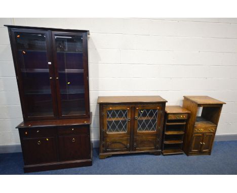 FOUR PIECES OF OAK FURNITURE to include a lead glazed two door bookcase, telephone table with a single drawer, and open shelv