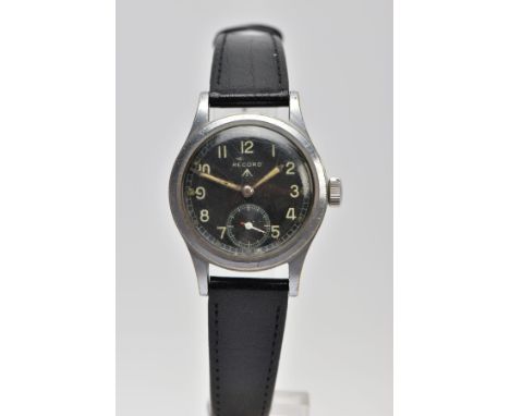 A RECORD STAINLESS STEEL BRITISH MILITARY ISSUE GENTLEMANS WRISTWATCH, CASE BACK MARKED WITH BROAD ARROW WWW L30057 547904 PA