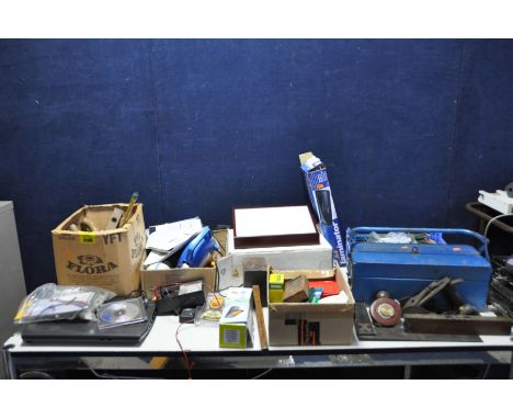 A COLLECTION OF TOOLS AND ELECTRONIC GOODS including a Stanley No5 plane, a Stanley No110 plane, a Rabone and Sons leather ta