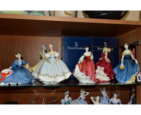 SIX ROYAL DOULTON LADY FIGURES, comprising 'Melanie' HN2271, 'Top o' the Hill' HN1834, 'Fair Lady  (red)' HN2832, 'Elyse' HN2