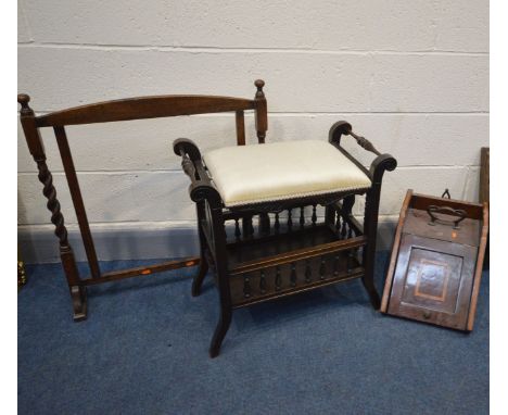 AN EDWARDIAN PURDONIUM WITH SHOVEL and art nouveau handle, an early 20th century piano stool,  oak barley twist fire screen f