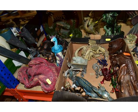 A BOX AND LOOSE DRAGON ORNAMENTS, CERAMIC, RESIN, GLASS AND WOOD, to include Land of the Dragons 'The Dark Dragon K218', IJAC