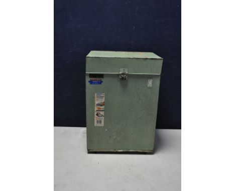 A METAL ENGINEERS TOOLBOX with Rolls Royce sticker, Engineers name and Department No. plate to front lid, lift up compartment