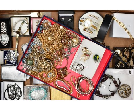 A BOX OF ASSORTED COSTUME JEWELLERY, to include a boxed ladies 'Gossip' quartz wristwatch with interchangeable bezels, a ladi