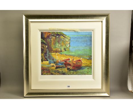 ROLF HARRIS (AUSTRALIA 1930) 'FIGURES ON THE BEACH' a limited edition print of fishing boats 48/195, no certificate, signed t
