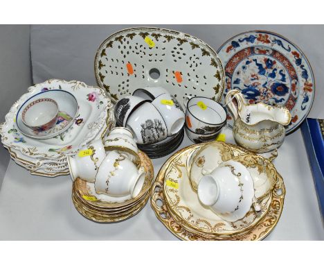 A GROUP OF LATE 18TH AND 19TH CENTURY MOSTLY BRITISH PORCELAIN, including a set of six early 19th century tea cups and saucer
