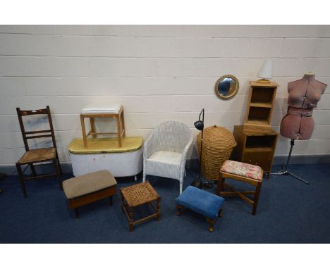 A QUANTITY OF VARIOUS PIECES OF FURNITURE, to include a Lloyd loom basket chair, ottoman, Ali Baba linen basket, four various