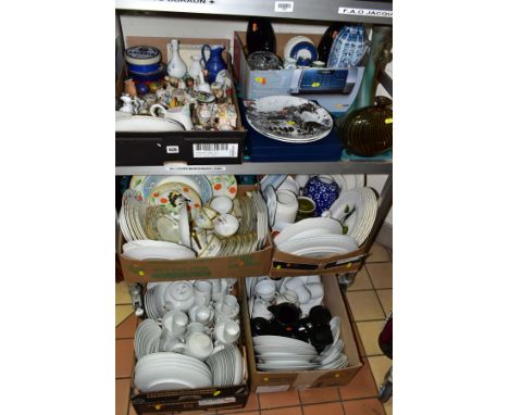 SIX BOXES AND LOOSE CERAMICS AND GLASS ETC, to include six 19.5cm plates and an oval platter, approximate 40cm, designed by D