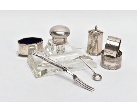 A SELECTION OF SILVER AND WHITE METAL ITEMS, to include an engine turned designed napkin ring engraved initials 'K H G', hall