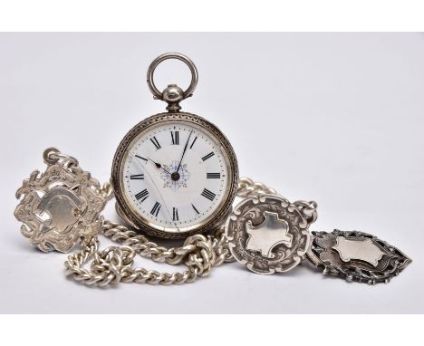 A SILVER OPEN FACE POCKET WATCH, A SILVER ALBERT WITH THREE FOBS, the ladies pocket watch with a white dial painted floral de