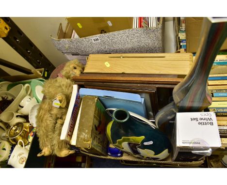 A BOX AND LOOSE SUNDRY ITEMS, etc to include a vintage soft toy Monkey, plush body with felt hands and feet, in distressed co