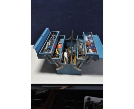 A METAL TOOLBOX CONTAINING TOOLS including spanners, car thermostats and points, screwdrivers, grease gun, hammers etc