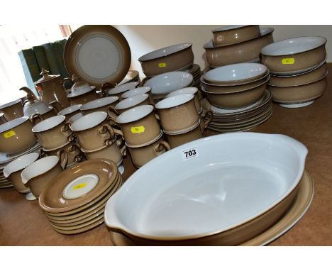 A COLLECTION OF DENBY 'SEVILLE' PATTERN DINNER AND TEA WARES, including two open serving dishes, oval serving dish and shallo