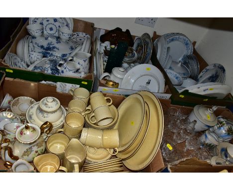 FIVE BOXES OF CERAMICS AND GLASS WARES, ETC, to include Johnsons/Furnival Denmark pattern dinner/tea wares, Poole Pottery par