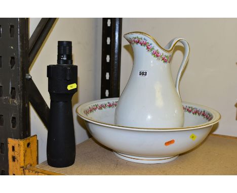 A ROYAL WORCESTER WASHBOWL AND JUG, puce backstamp to bowl, jug unmarked, bowl has a star crack to inside surface, jug has a 