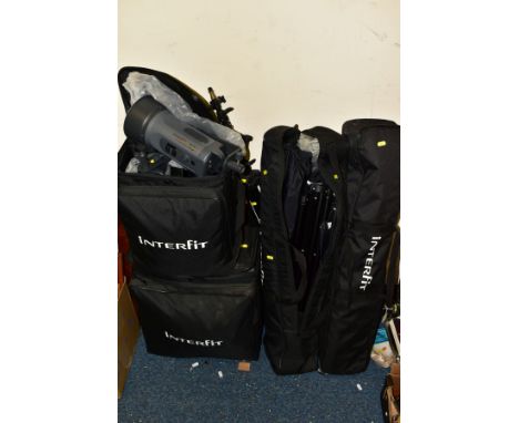 PHOTOGRAPHIC STUDIO FLASH LIGHTING EQUIPMENT, comprising two Interfit Colourflash 1000's heads in soft case, two Interfit Col