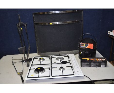 A BAUKNECHT GAS HOB (missing one gas ring and ignition knob doesn't fit) a curved Fire Guard, a modern companion set, a coal 